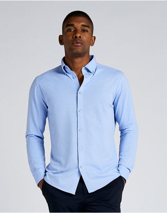Kustom Kit Mens LS Superwash Pique Shirt - Light Heather Blue
