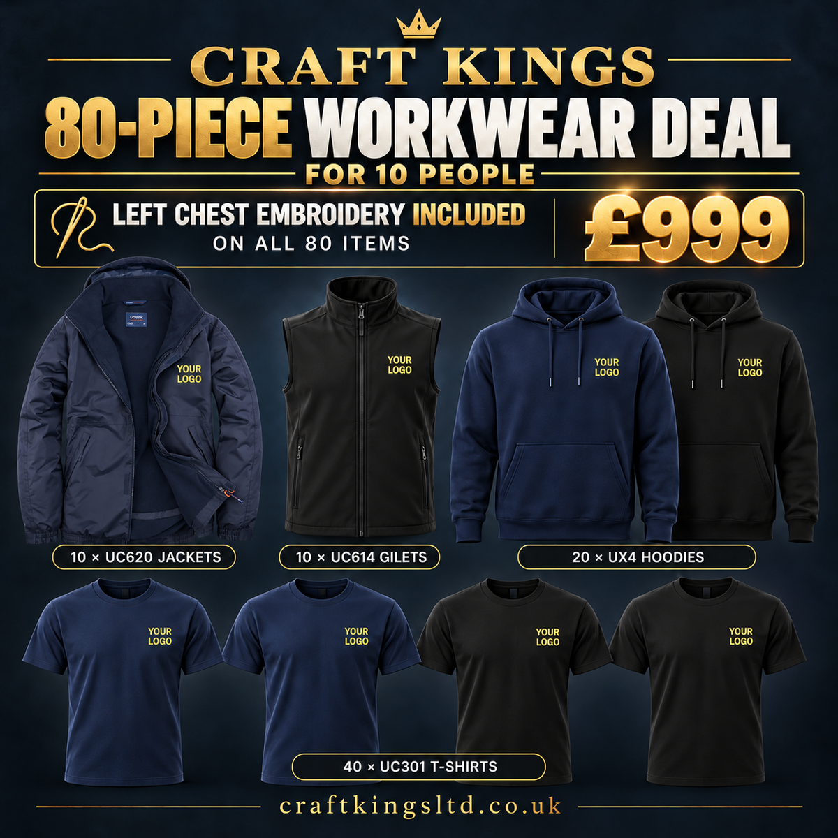 10-person Uneek workwear bundle £999, 80 items with left chest embroidery