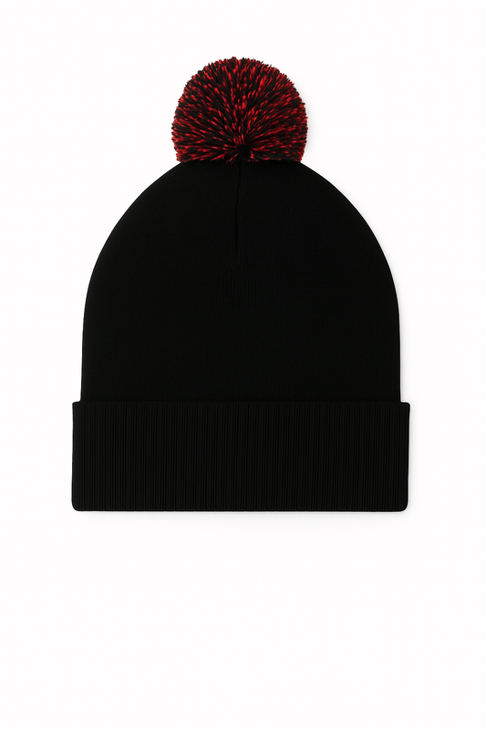 Pom Pom Beanie - Black/Red