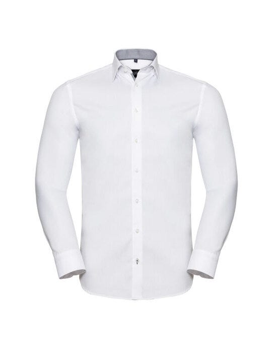 Russell Athletic Collection Russell Mens L/S Contrast H'Bone Shirt - White/Silver/Convoy Grey