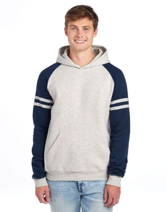 Jerzees NuBlend® Varsity Col-Block Hood - Oatmeal Heather/ Indigo Heather