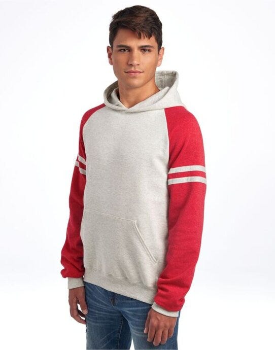 Jerzees NuBlend® Varsity Col-Block Hood - Oatmeal Heather/ Fiery Red Heather