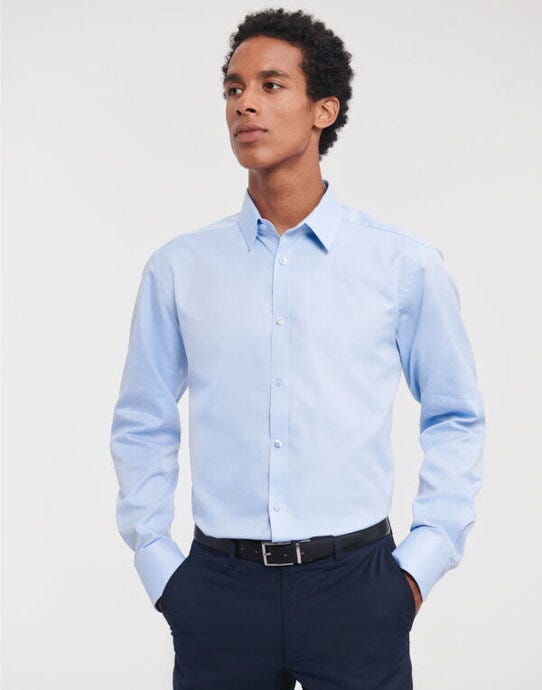 Russell Athletic Collection Russell Collection Mens LS H'Bone Shirt - Light Blue