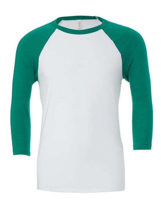 Bella + Canvas Canvas Unisex 3/4 Sleeve Baseball Tee - White/Kelly Green