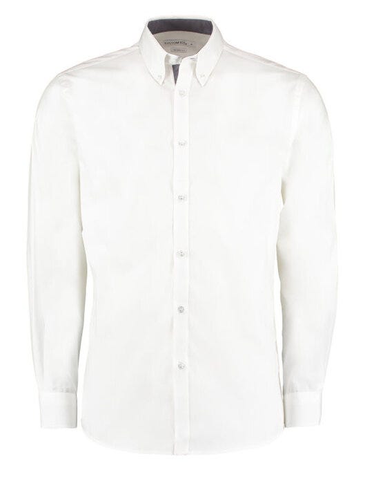 Kustom Kit Mens LS Contrast BDC Shirt - White/Mid Blue