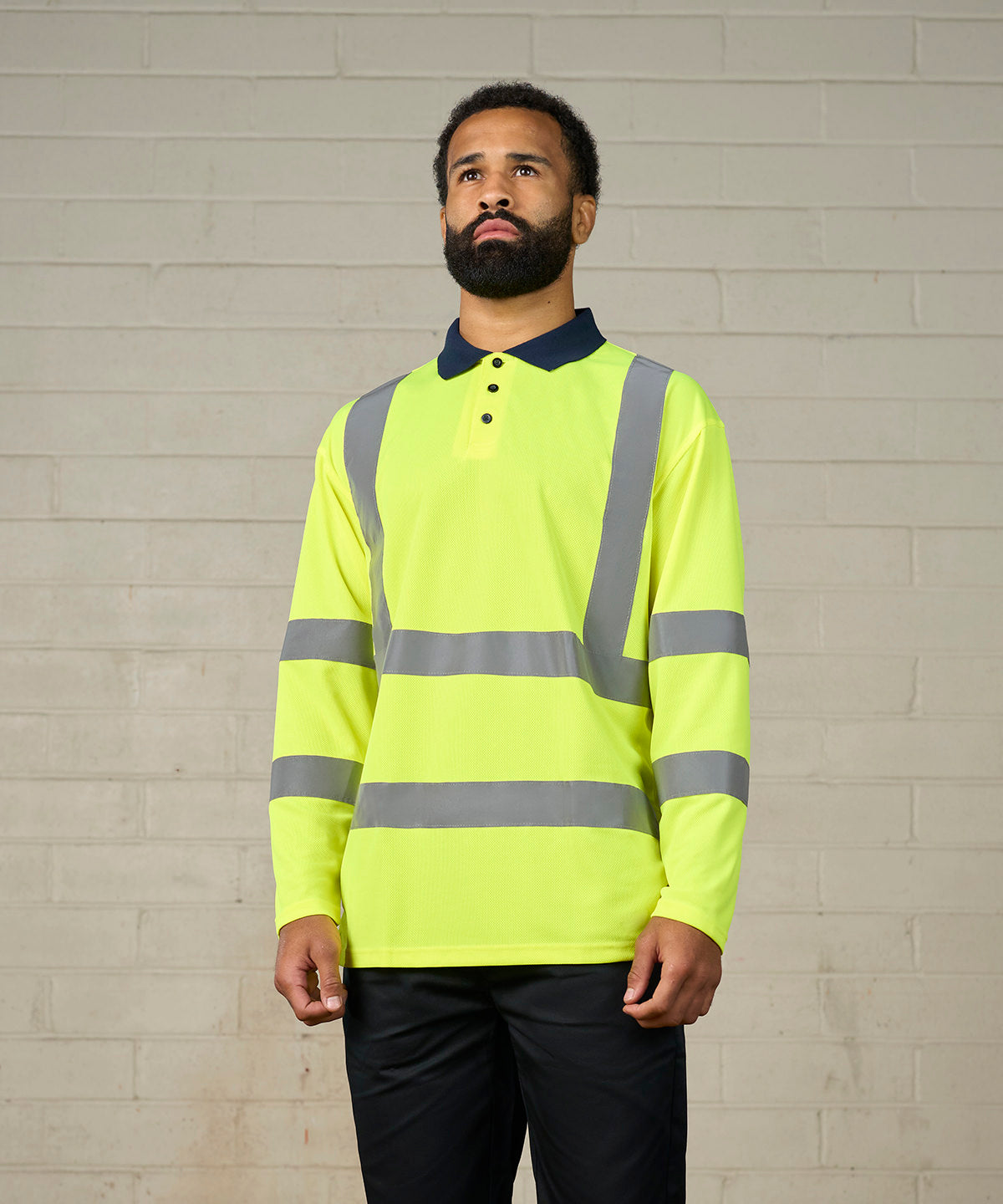 High visibility long sleeve polo - HV Yellow/Navy