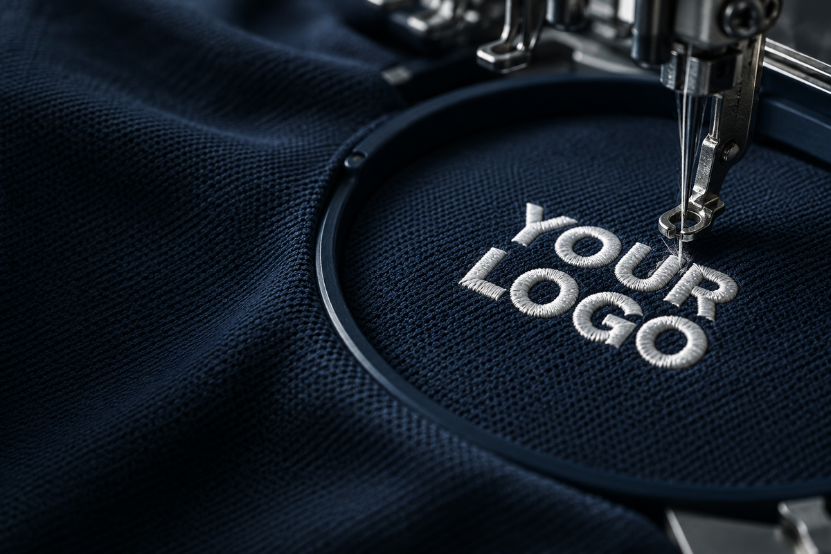 Illustrative close-up of white logo embroidery on navy workwear