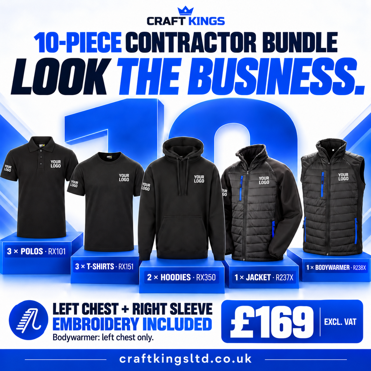 Contractor 10-piece workwear bundle – £169 excluding VAT, blue detail jacket and bodywarmer