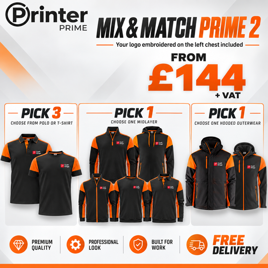 Prime Mix and Match 2 embroidered workwear bundle from £144 plus VAT: pick 3 polos or T-shirts, 1 midlayer and 1 jacket.