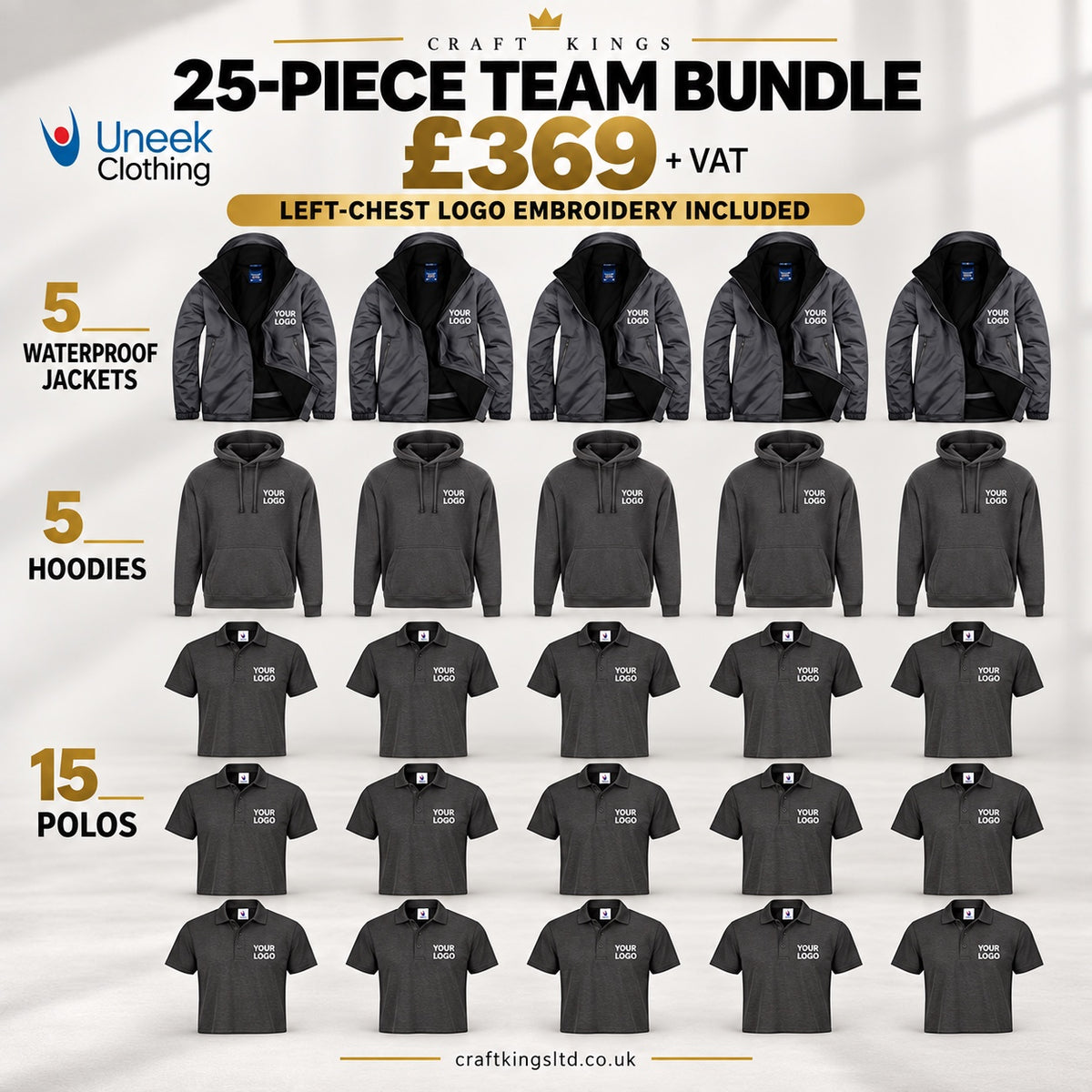 Uneek 25-piece embroidered workwear bundle: 5 waterproof jackets, 5 hoodies and 15 polo shirts, with left-chest logo embroidery, £369 plus VAT.
