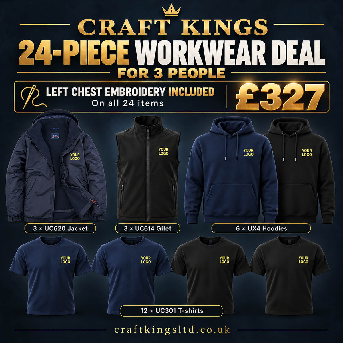 3-person Uneek workwear bundle £327, 24 items with left chest embroidery