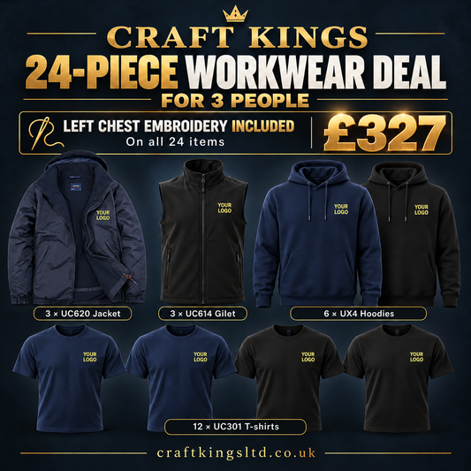 3-person Uneek workwear bundle £327, 24 items with left chest embroidery