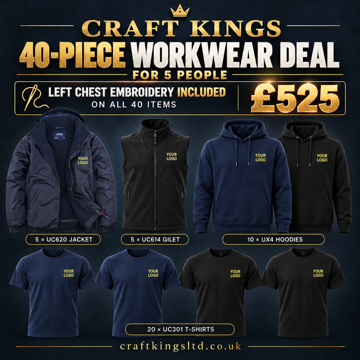 Uneek Team 5-Person Workwear Bundle – 40 Pieces
