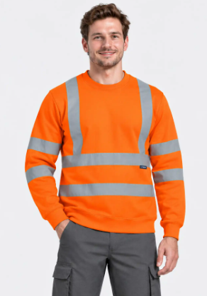 Orange Uneek UC813 hi-vis crew neck sweatshirt with reflective body, sleeve and shoulder bands